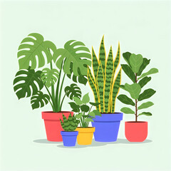 Fototapeta premium Tropical green house plants in colorful pots on shelf