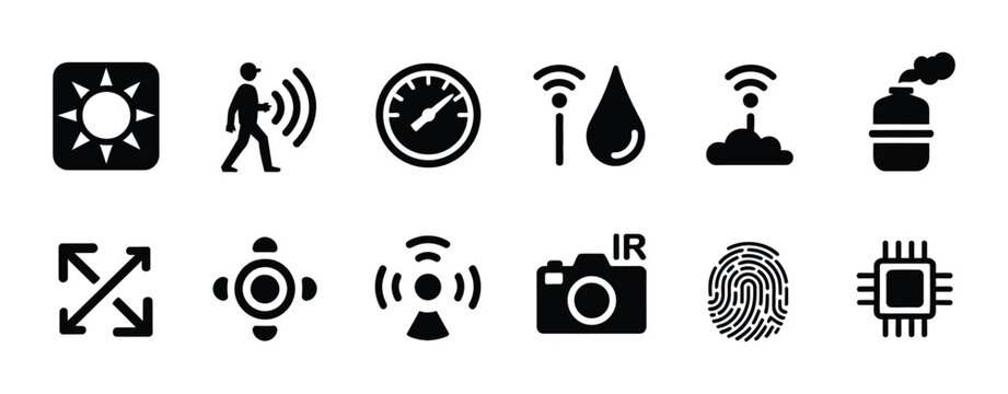 Sensor technology icons, black solid vector featuring light, motion, pressure, proximity, gas, gyroscope, sound, infrared, fingerprint, microchip, and smart device symbols.
