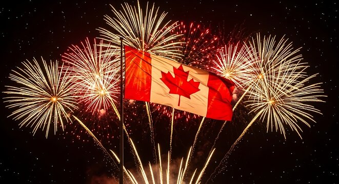 Celebratory scene with Canadian flag and fireworks display at night