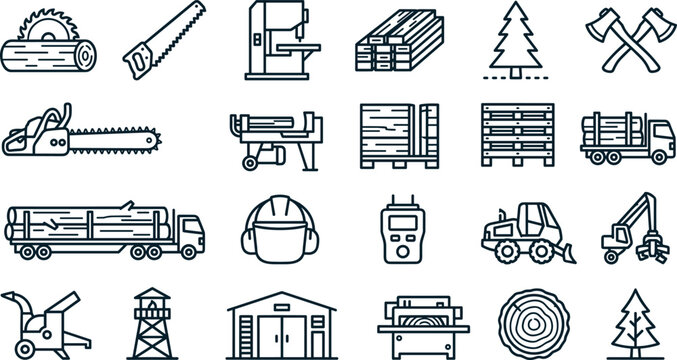 Sawmill and Logging Industry Line Icon Set with Wood Timber Processing, Lumberjack Axes, Chainsaw Tools, and Forestry Machinery Symbols for Industrial Vector Graphics