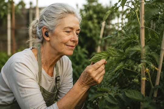 Older woman using an AI voice assistant through a wireless earbud while caring for plants in a vegetable garden