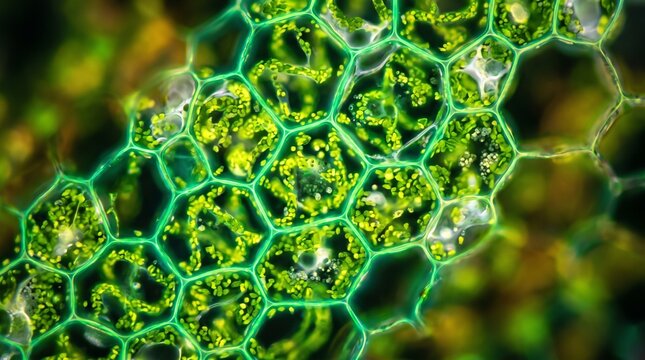 Microscopic view of green plant cells with chloroplasts