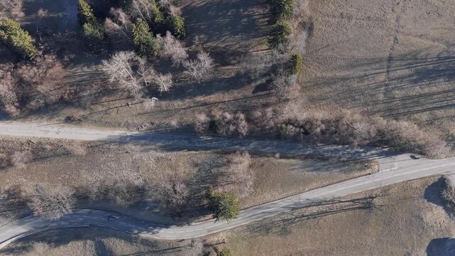 Drone footage showing an overhead view of a winding road cutting through a forested and open landscape in the French Alps. The scene features leafless deciduous trees, evergreen conifers, and