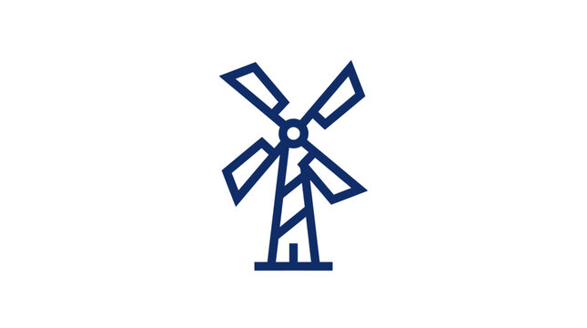 A blue line drawing of an old windmill standing alone in a field on a sunny day.