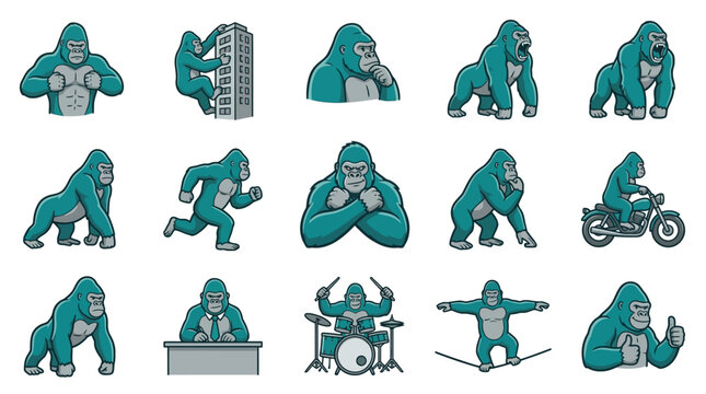 Gorilla mascots performing various human activities.