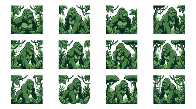 Gorilla portraits framed by dense rainforest foliage.
