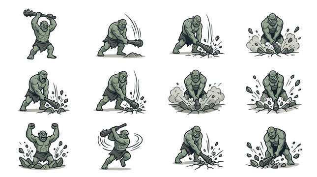 Gray gorilla caveman smashing rocks with clubs.