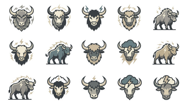 Grayscale bison and bull head logo collection.