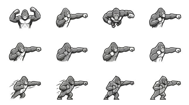 Grayscale gorilla boxing and martial arts poses.