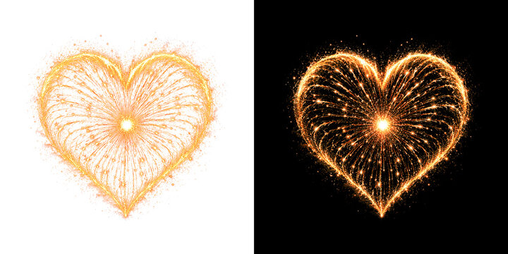 Orange heart shaped firework exploding on black background with copy space for celebration and love concepts.