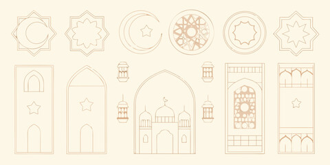 Mosque Silhouette And Islamic Geometric Ornament Collection Line Art Style © Prodip