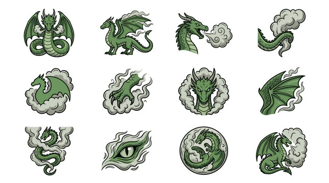 Green dragon emblem set with clouds and circular motifs
