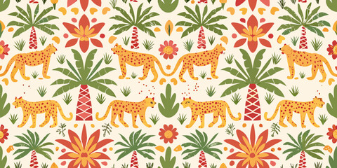 Leopard And Tropical Foliage Pattern Colorful Vector Illustration © Prodip