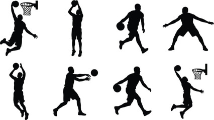 Basketball Player Action Black Silhouette Bundle with Dribbling Shooting Dunking and Passing Poses © Md Baccu