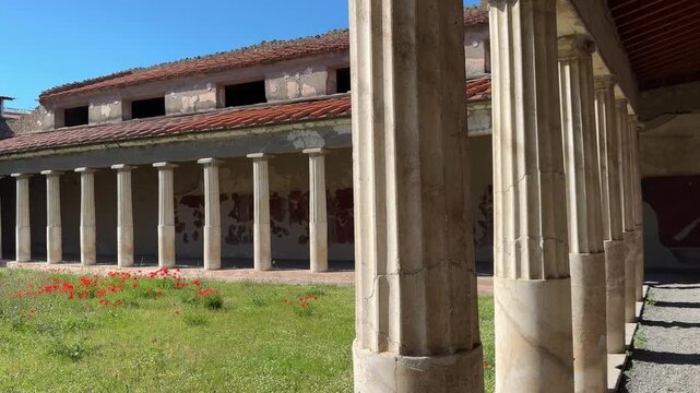Ancient Column Pillars and Peristyle Courtyard Architecture of Roman Villa
