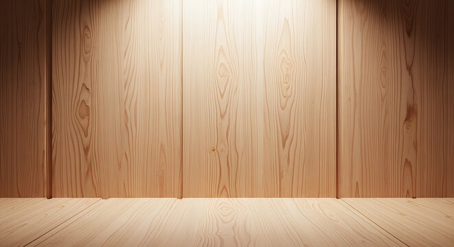 Wooden interior background stage with wall and floor under spotlight