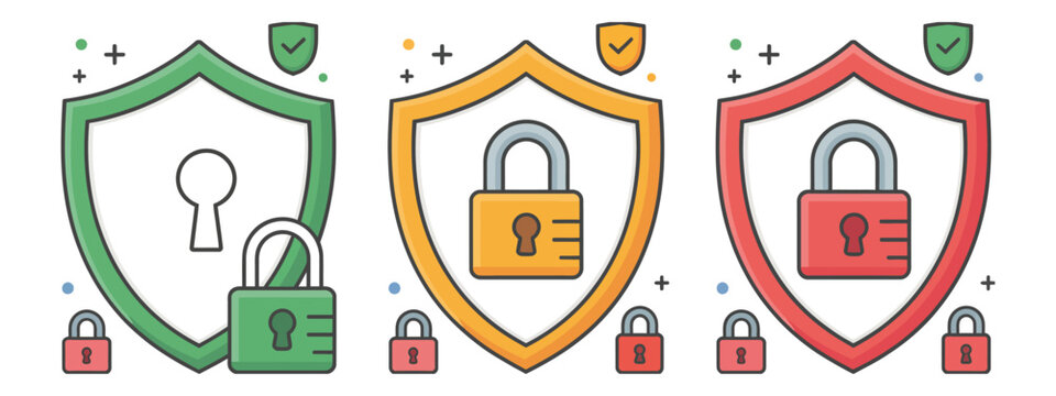 Cyber security shield and padlock vector illustration featuring data protection levels, safety status, system clearance, authorization dashboard, secure access, privacy monitoring