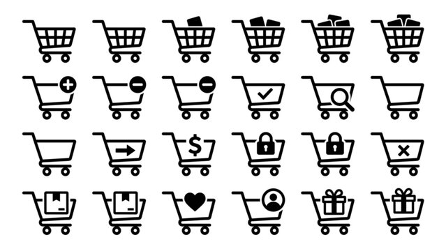 Bold and outline shopping cart related silhouette icon set, clean EPS vector for ecommerce.