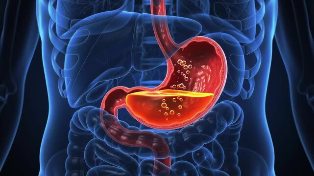 3D medical animation of stomach acid reflux with gastric acid bubbles heartburn GERD digestion anatomy inside human body
