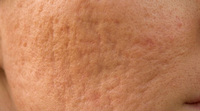 Smooth lighting on textured rolling acne scars on woman cheek