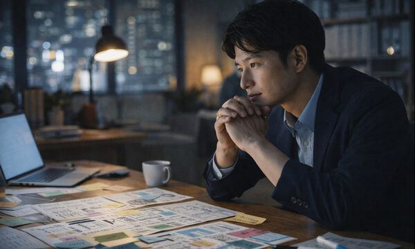 夜のオフィスで事業戦略を考える真剣なビジネスパーソン