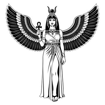 Ancient Egyptian Goddess Isis. Black and white vector clipart.
