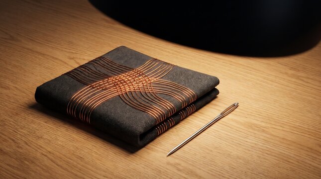 Futuristic smart fabric textile with integrated copper conductive threads and a metallic sewing needle on wooden surface