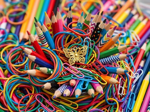 Colorful pencils and paper clips with butterfly paperweight