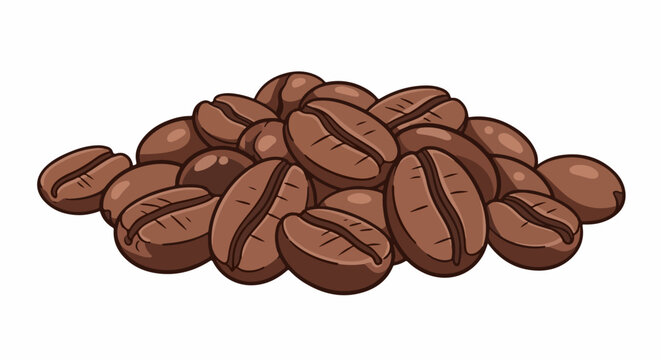 A pile of brown roasted coffee beans with a distinct crease down the center of each bean