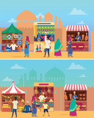 Fototapeta premium Vibrant marketplace scene, colorful vendor stalls, outdoor shopping illustration, flat design