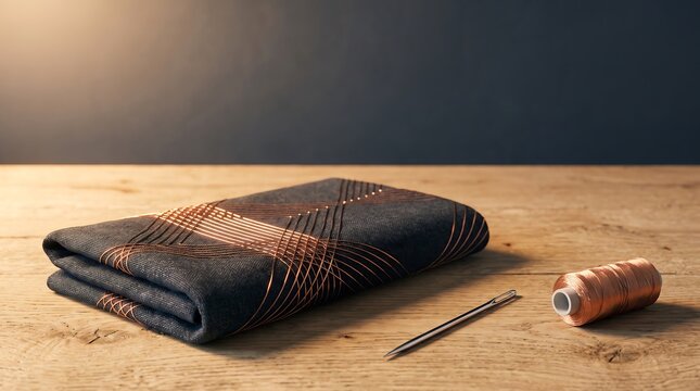 Futuristic smart fabric textile with integrated copper conductive threads for wearable technology and electronic clothing