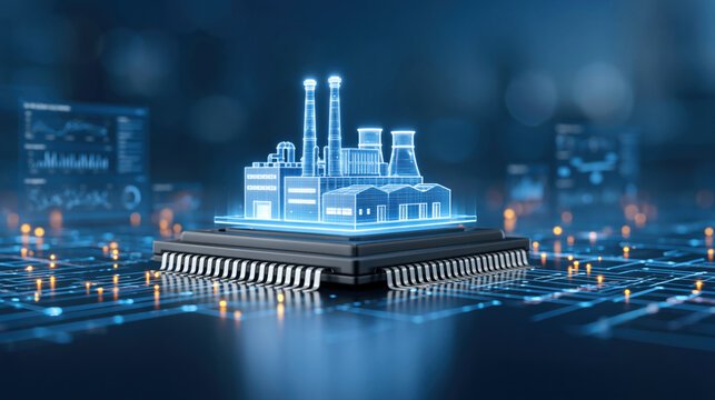Holographic industrial factory model projected above microchip showcasing digital twin technology and smart manufacturing futuristic data