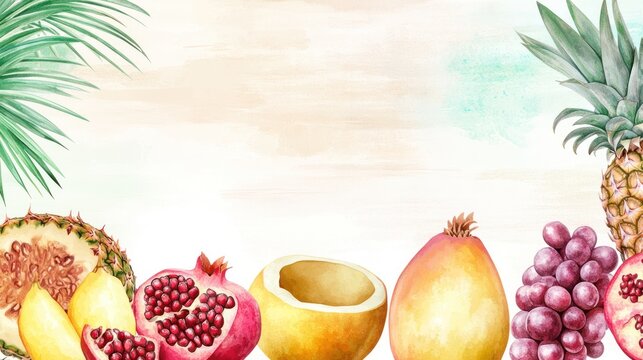 Watercolor fruits border tropical background