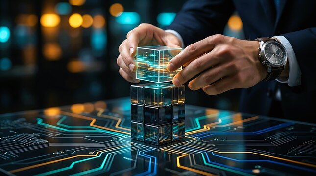 Professional hands precisely stacking glowing transparent data blocks on a futuristic digital circuit board, symbolizing innovation and future technology.