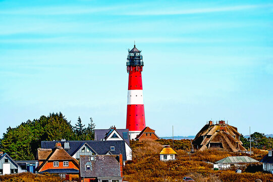 The H&ouml;rnum lighthouse on the island of Sylt as a cartoon illustration.