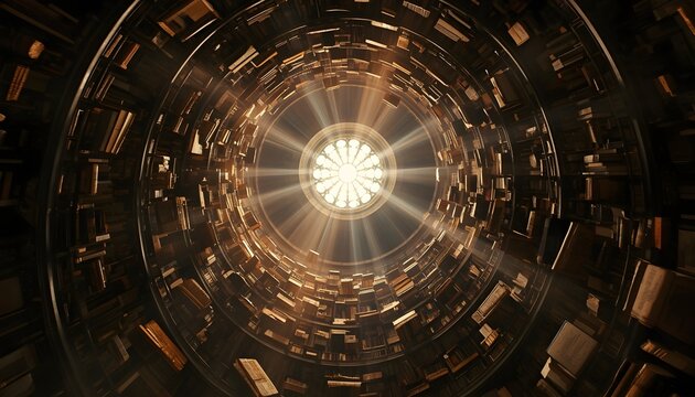 Surreal Worms-Eye View of a Infinite Spiral Library with Skylight Rays