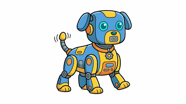 A blue and yellow robotic dog with large eyes and a wagging tail