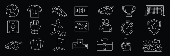 Football and soccer icon set. Containing jersey, soccer field, stadium, referee, goal, trophy, dribble, player and more. © HIKE  Studio  1