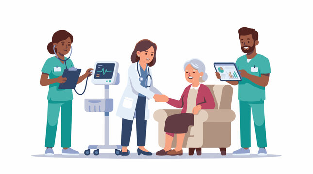 A doctor and two nurses attend to a senior woman