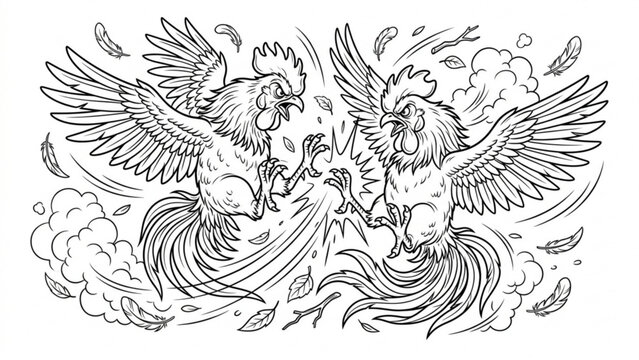 Dynamic Cartoon Rooster Fight Vector Illustration Set &ndash; Mid-Air Battle, Flying Feathers, and Dust Clouds