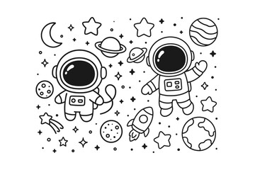 Two cute astronauts floating in space with planets stars and a rocket ship in a simple black and white style © BWKit