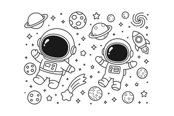 Two cute astronauts floating in outer space with planets stars and a rocket ship in a simple black line style © BWKit