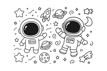 Two cute astronauts floating in outer space with planets and stars in a simple black and white line art style © BWKit