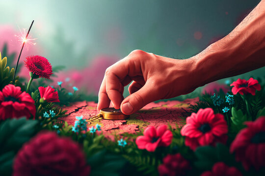 Hand Placing Brass Compass on Topographic Map with Wildflowers