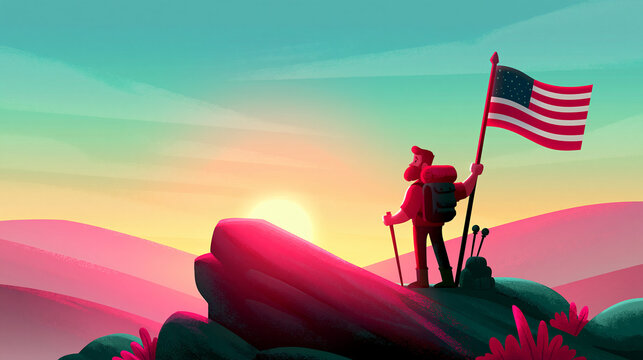 Hiker Holding American Flag on Mountain Summit at Sunrise