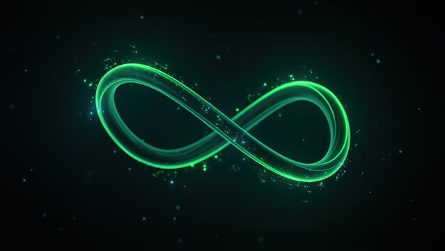 Magical green glowing neon infinity symbol with sparkling dust particles on dark background.