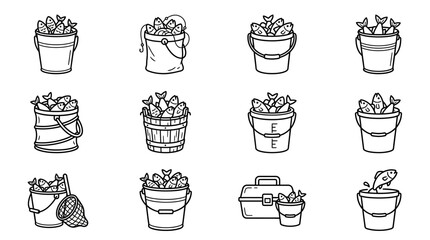 Black outline fishing buckets and bait containers. © Rifan