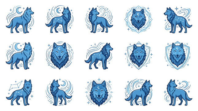 Blue celestial wolf crests and decorative animal icons.
