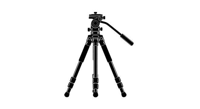 Minimal black silhouette icon, simple flat vector, bold black shape, no, no shading camera tripod icon, professional photography equipment for stable shooting on a, flat icon style