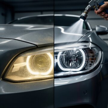 Before and after split comparison of a car headlight restoration process, showing yellowed cloudy lens vs clear polished headlight with spray.